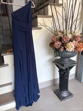 One-Shoulder Navy Blue Chiffon Evening Gown NOIR BY LAZARO